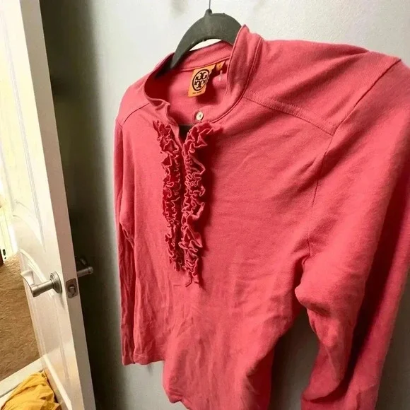 Tory Burch ruffle button long sleeve top Romilly pink coral salmon medium - Picture 8 of 13